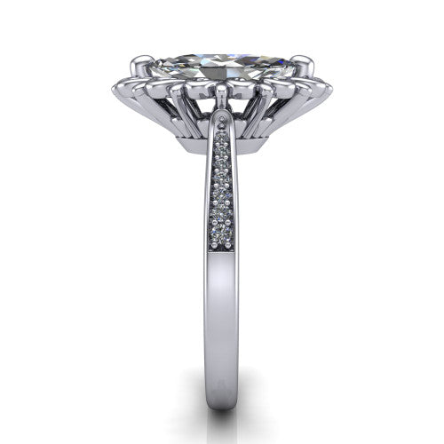 Eden marquise solitaire engagement ring in 18K White Gold with vintage floral filigree frame and pavé band, side profile showing the pavé band and filigree gallery