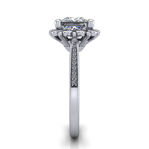 Eden princess solitaire engagement ring in 18K White Gold with vintage floral filigree frame and pavé band, side profile showing the pavé band and filigree gallery