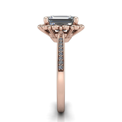 Eden emerald solitaire engagement ring in 14K Rose Gold with vintage floral filigree frame and pavé band, side profile showing the pavé band and filigree gallery