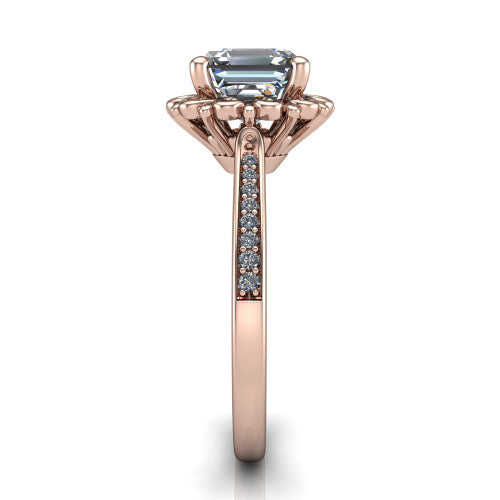 Eden asscher solitaire engagement ring in 18K Rose Gold with vintage floral filigree frame and pavé band, side profile showing the pavé band and filigree gallery