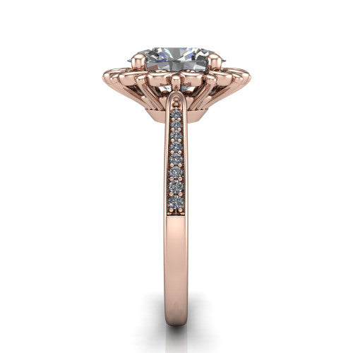 Eden oval solitaire engagement ring in 14K Rose Gold with vintage floral filigree frame and pavé band, side profile showing the pavé band and filigree gallery