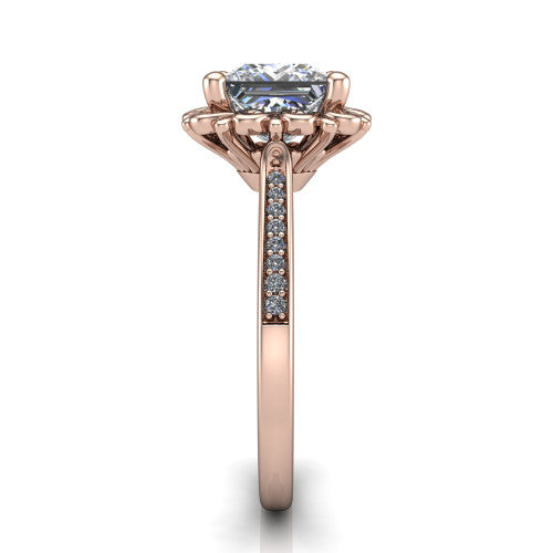 Eden princess solitaire engagement ring in 18K Rose Gold with vintage floral filigree frame and pavé band, side profile showing the pavé band and filigree gallery