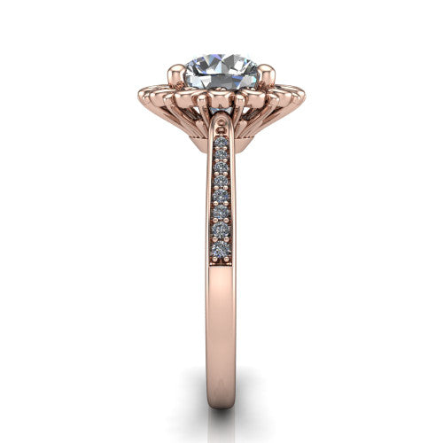 Eden round solitaire engagement ring in 18K Rose Gold with vintage floral filigree frame and pavé band, side profile showing the pavé band and filigree gallery