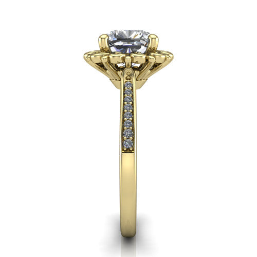 Eden cushion solitaire engagement ring in 18K Yellow Gold with vintage floral filigree frame and pavé band, side profile showing the pavé band and filigree gallery