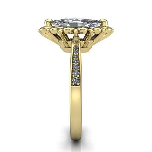 Eden marquise solitaire engagement ring in 18K Yellow Gold with vintage floral filigree frame and pavé band, side profile showing the pavé band and filigree gallery