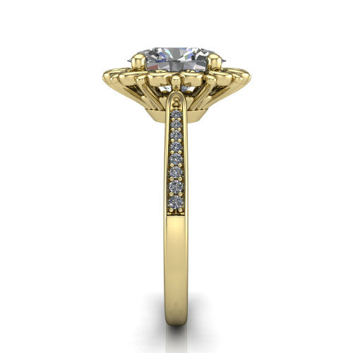 Eden oval solitaire engagement ring in 14K Yellow Gold with vintage floral filigree frame and pavé band, side profile showing the pavé band and filigree gallery