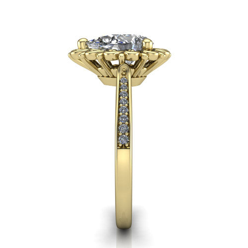 Eden pear solitaire engagement ring in 14K Yellow Gold with vintage floral filigree frame and pavé band, side profile showing the pavé band and filigree gallery