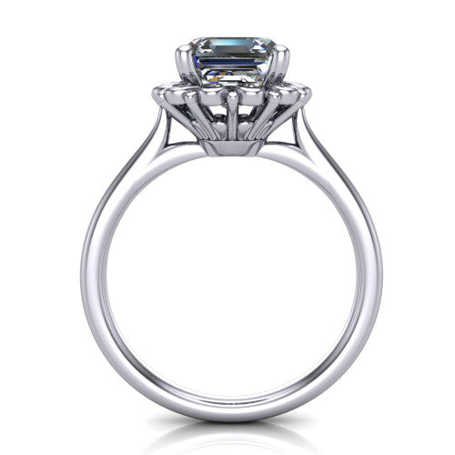 Eden asscher solitaire engagement ring in 14K White Gold with vintage floral filigree frame and pavé band, through-finger front profile