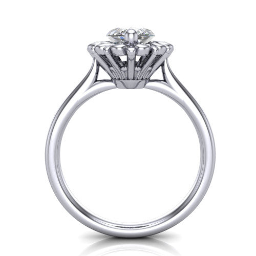 Eden marquise solitaire engagement ring in 18K White Gold with vintage floral filigree frame and pavé band, through-finger front profile