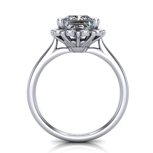 Eden princess solitaire engagement ring in 14K White Gold with vintage floral filigree frame and pavé band, through-finger front profile