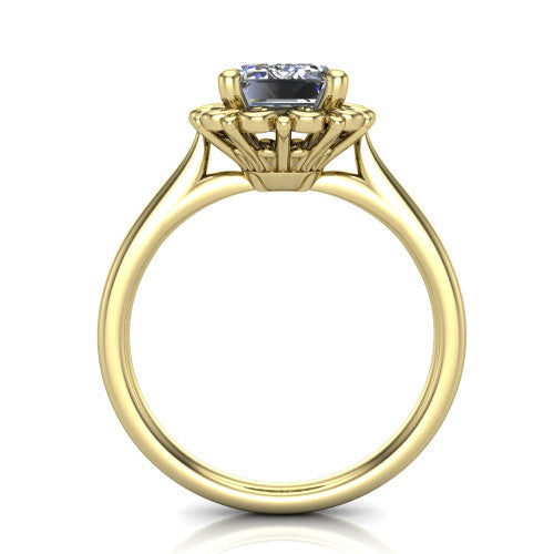 Eden emerald solitaire engagement ring in 18K Yellow Gold with vintage floral filigree frame and pavé band, through-finger front profile