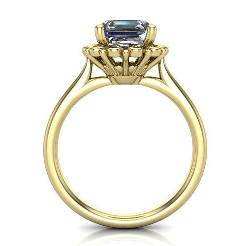 Eden asscher solitaire engagement ring in 18K Yellow Gold with vintage floral filigree frame and pavé band, through-finger front profile