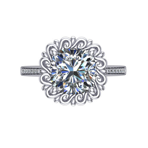 Eden cushion solitaire engagement ring in Platinum with vintage floral filigree frame and pavé band, top-down view of the floral filigree frame