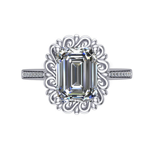 Eden emerald solitaire engagement ring in 18K White Gold with vintage floral filigree frame and pavé band, top-down view of the floral filigree frame