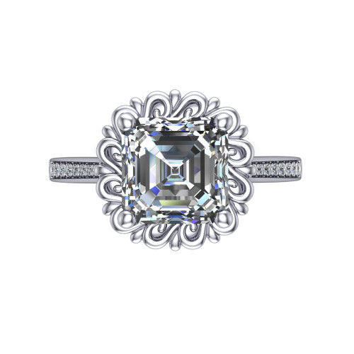 Eden asscher solitaire engagement ring in 14K White Gold with vintage floral filigree frame and pavé band, top-down view of the floral filigree frame