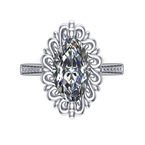 Eden marquise solitaire engagement ring in 14K White Gold with vintage floral filigree frame and pavé band, top-down view of the floral filigree frame