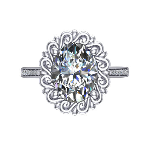 Eden oval solitaire engagement ring in 14K White Gold with vintage floral filigree frame and pavé band, top-down view of the floral filigree frame