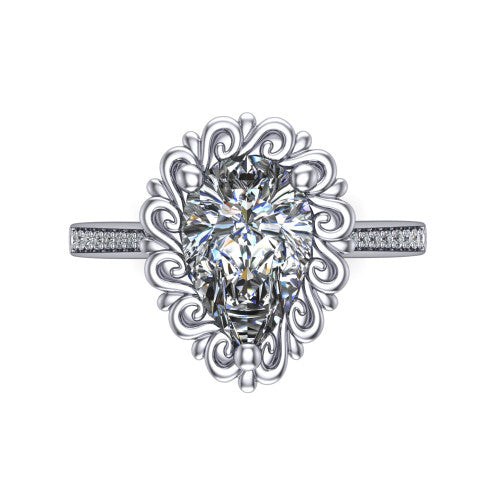 Eden pear solitaire engagement ring in 14K White Gold with vintage floral filigree frame and pavé band, top-down view of the floral filigree frame