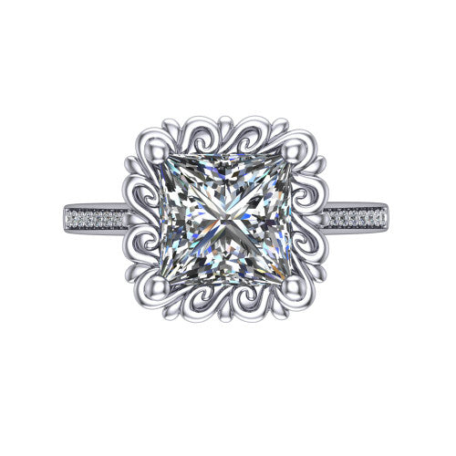 Eden princess solitaire engagement ring in 14K White Gold with vintage floral filigree frame and pavé band, top-down view of the floral filigree frame