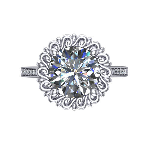 Eden round solitaire engagement ring in Platinum with vintage floral filigree frame and pavé band, top-down view of the floral filigree frame