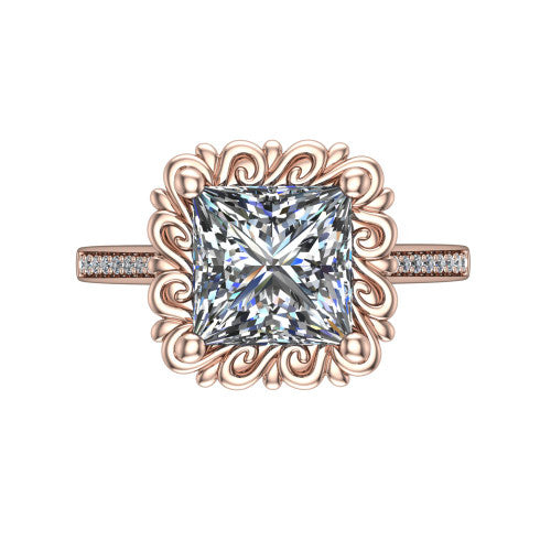 Eden princess solitaire engagement ring in 18K Rose Gold with vintage floral filigree frame and pavé band, top-down view of the floral filigree frame