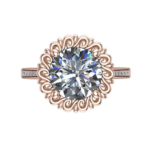 Eden round solitaire engagement ring in 14K Rose Gold with vintage floral filigree frame and pavé band, top-down view of the floral filigree frame