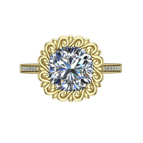 Eden cushion solitaire engagement ring in 14K Yellow Gold with vintage floral filigree frame and pavé band, top-down view of the floral filigree frame