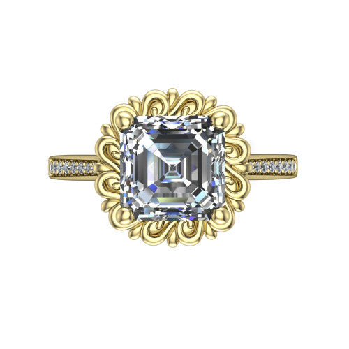 Eden asscher solitaire engagement ring in 18K Yellow Gold with vintage floral filigree frame and pavé band, top-down view of the floral filigree frame