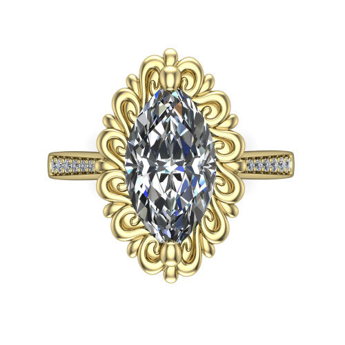 Eden marquise solitaire engagement ring in 14K Yellow Gold with vintage floral filigree frame and pavé band, top-down view of the floral filigree frame