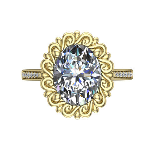 Eden oval solitaire engagement ring in 14K Yellow Gold with vintage floral filigree frame and pavé band, top-down view of the floral filigree frame