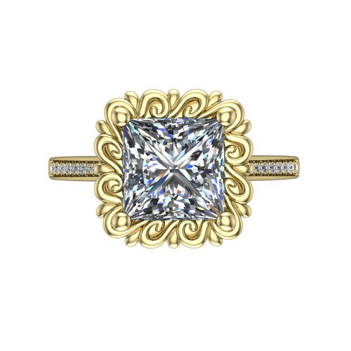 Eden princess solitaire engagement ring in 14K Yellow Gold with vintage floral filigree frame and pavé band, top-down view of the floral filigree frame