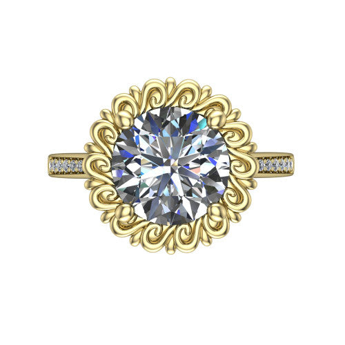 Eden round solitaire engagement ring in 14K Yellow Gold with vintage floral filigree frame and pavé band, top-down view of the floral filigree frame