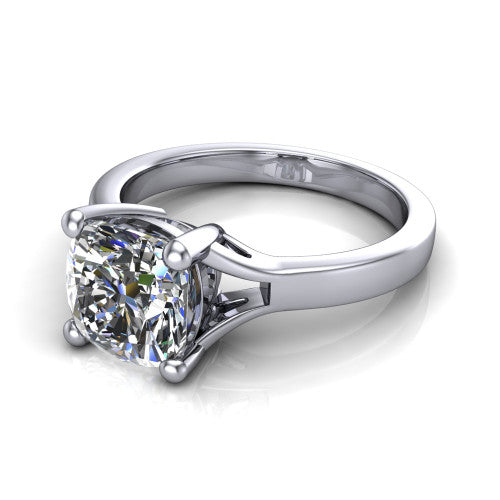 Savannah cushion classic solitaire engagement ring in Platinum with polished split shank, three-quarter perspective view