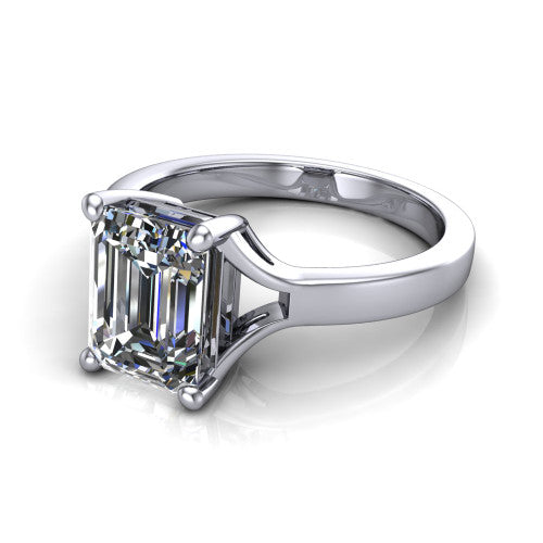 Savannah emerald classic solitaire engagement ring in 14K White Gold with polished split shank, three-quarter perspective view