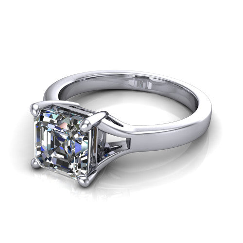Savannah asscher classic solitaire engagement ring in 18K White Gold with polished split shank, three-quarter perspective view