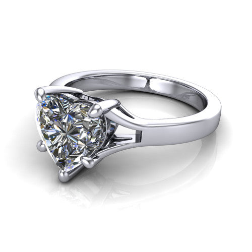 Savannah heart classic solitaire engagement ring in Platinum with polished split shank, three-quarter perspective view