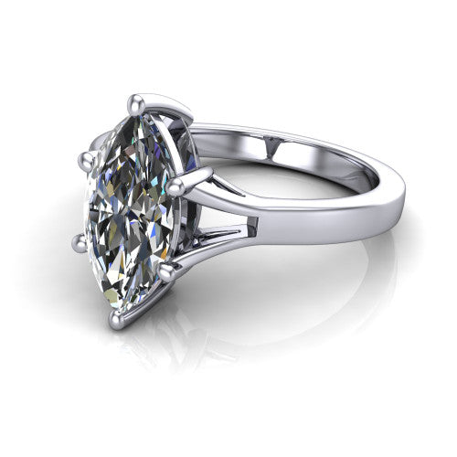 Savannah marquise classic solitaire engagement ring in 18K White Gold with polished split shank, three-quarter perspective view