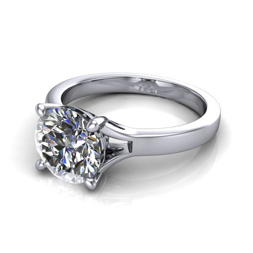 Savannah round classic solitaire engagement ring in Platinum with polished split shank, three-quarter perspective view