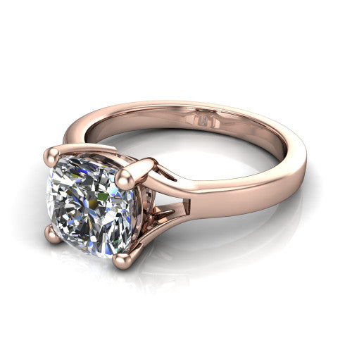 Savannah cushion classic solitaire engagement ring in 18K Rose Gold with polished split shank, three-quarter perspective view