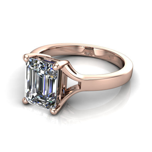 Savannah emerald classic solitaire engagement ring in 14K Rose Gold with polished split shank, three-quarter perspective view