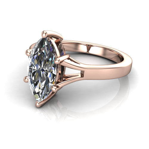 Savannah marquise classic solitaire engagement ring in 18K Rose Gold with polished split shank, three-quarter perspective view