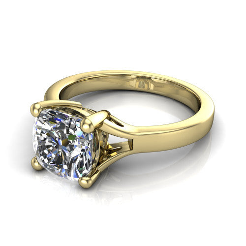 Savannah cushion classic solitaire engagement ring in 14K Yellow Gold with polished split shank, three-quarter perspective view