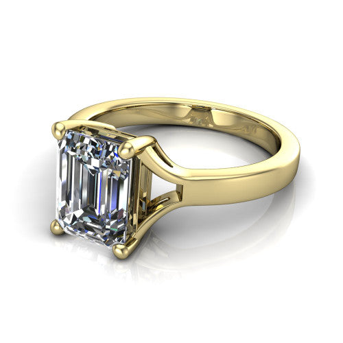 Savannah emerald classic solitaire engagement ring in 14K Yellow Gold with polished split shank, three-quarter perspective view