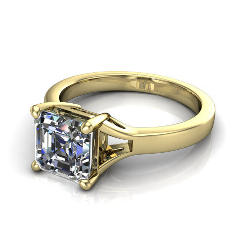 Savannah asscher classic solitaire engagement ring in 18K Yellow Gold with polished split shank, three-quarter perspective view