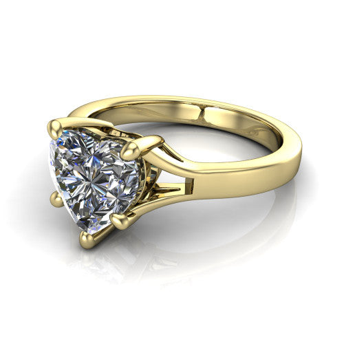 Savannah heart classic solitaire engagement ring in 14K Yellow Gold with polished split shank, three-quarter perspective view