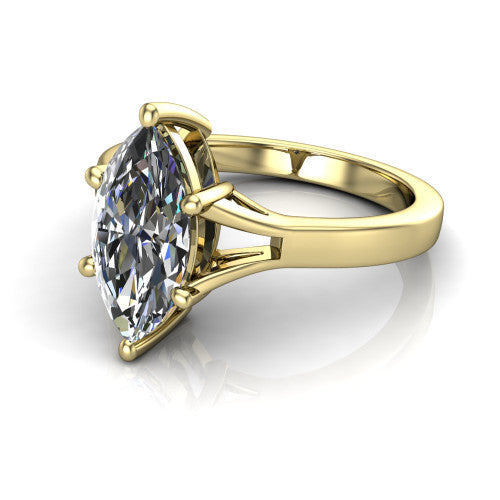 Savannah marquise classic solitaire engagement ring in 18K Yellow Gold with polished split shank, three-quarter perspective view