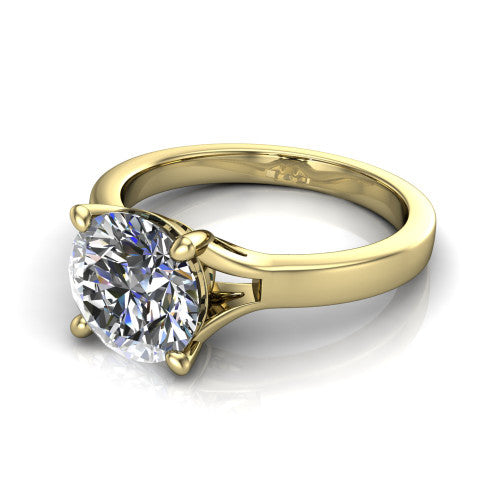 Savannah round classic solitaire engagement ring in 14K Yellow Gold with polished split shank, three-quarter perspective view