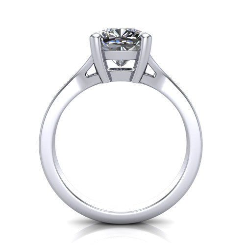 Savannah cushion classic solitaire engagement ring in 18K White Gold with polished split shank, through-finger front profile showing the open cathedral gallery