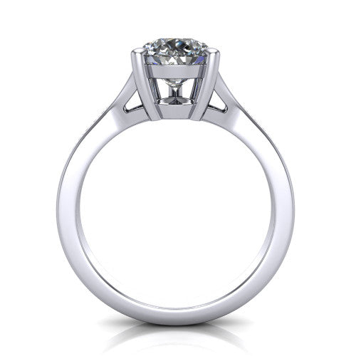 Savannah pear classic solitaire engagement ring in Platinum with polished split shank, through-finger front profile showing the open cathedral gallery
