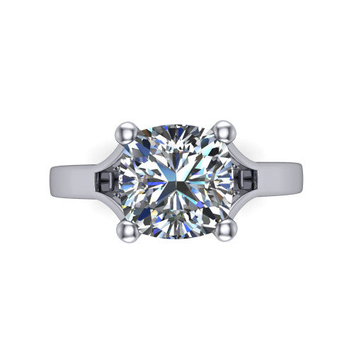 Savannah cushion classic solitaire engagement ring in 18K White Gold with polished split shank, top-down view of the center stone and split shank